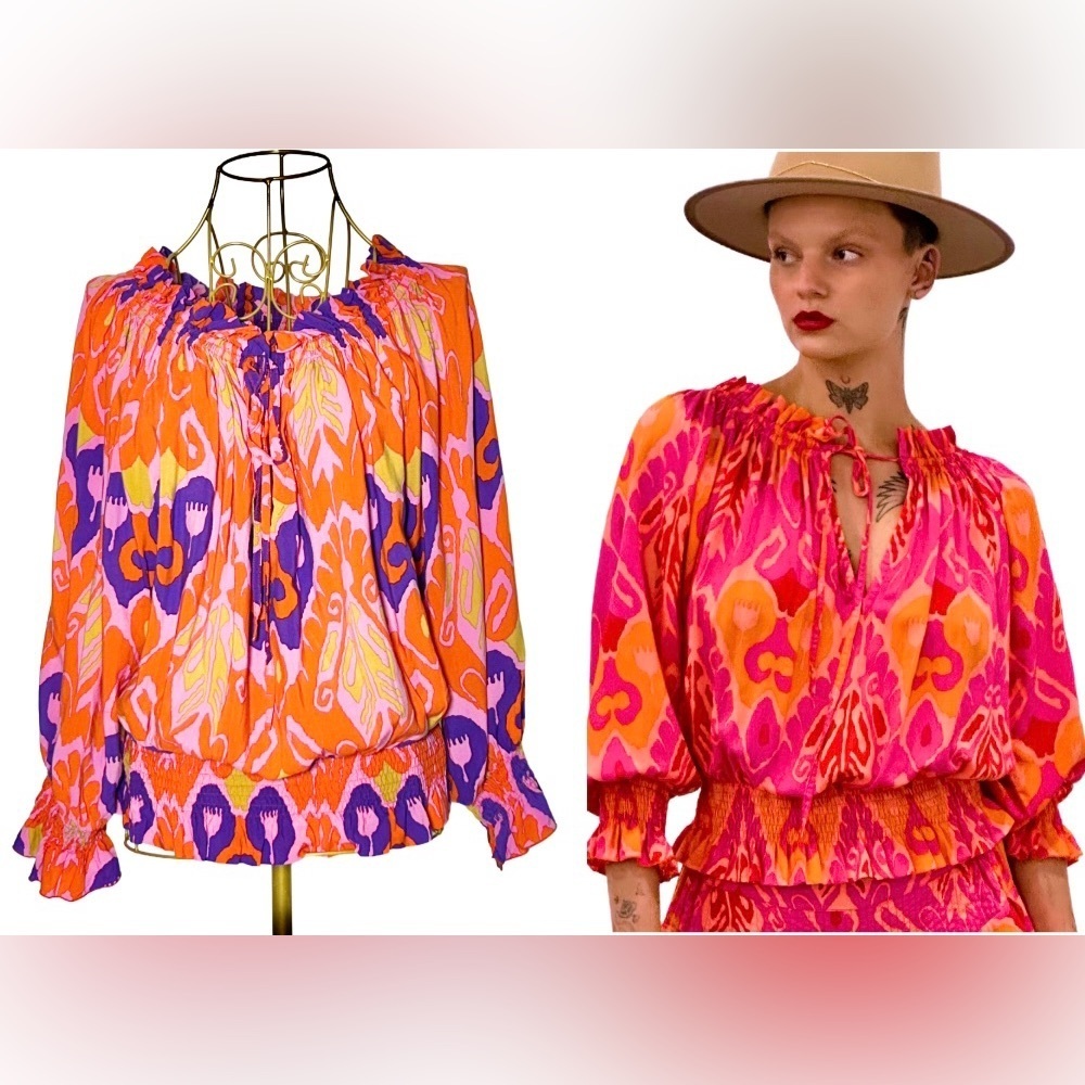 Feather & Find The Shanti Top, 3/4 Blouson Sleeves, Multicolored w/ Ruffles, M